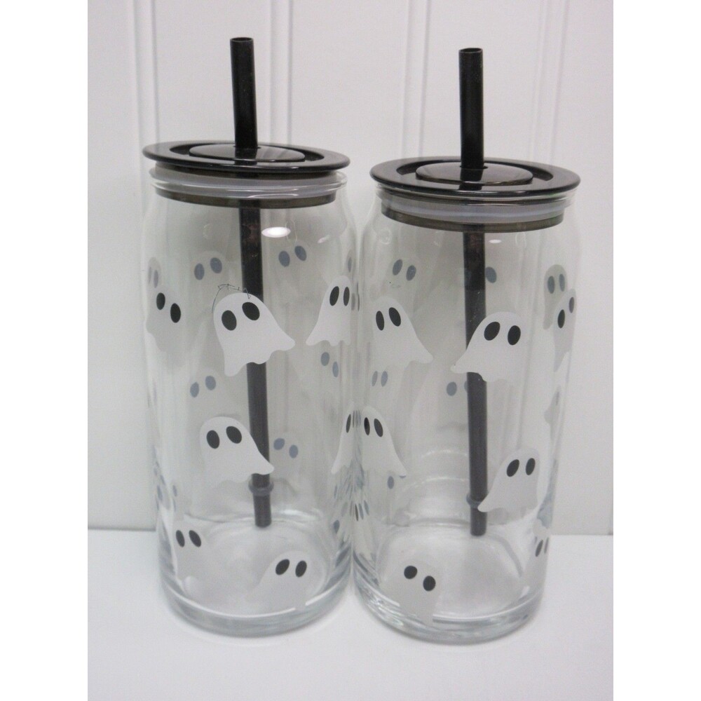 Lot of 2 Halloween Ghost 20oz Clear Glass Can Sipper Tumbler w/ Lid & Straw New